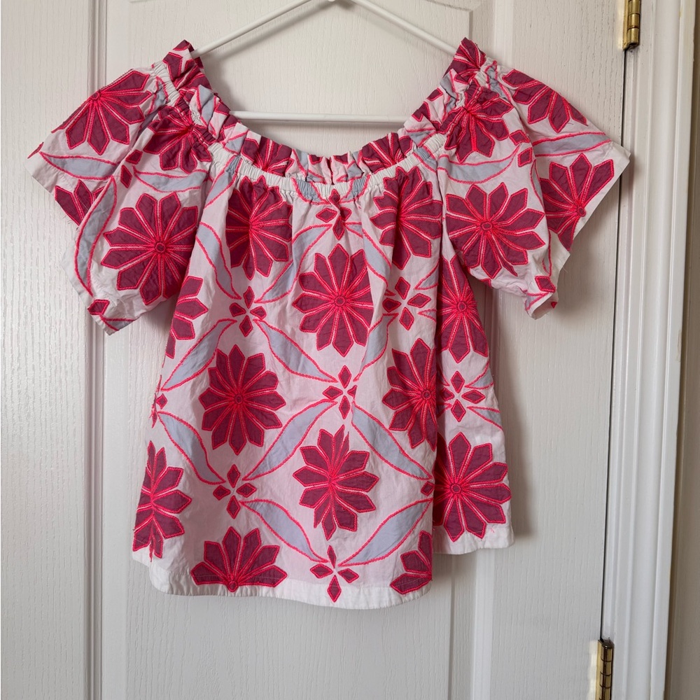Maeve by Anthropologie Off Shoulder Embroidered Blouse White with Pink Flowers